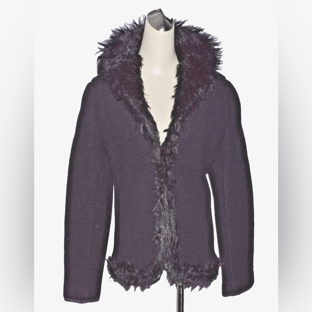 ISDA & CO SZ S SMALL BLACK 100% WOOL JACKET BLAZER FAUX FUR TRIM EXCELLENT
